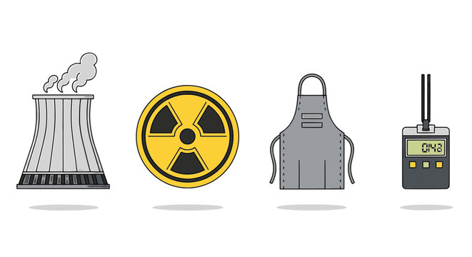Nuclear Engineering Icons Set with Radiation Symbol and Cooling Tower