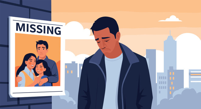 Sad man standing in a city street next to a wall with a missing person poster showing his family, feeling deep grief and loss for them.