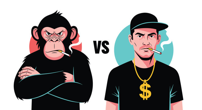 Comparison between an angry chimpanzee and a cool young man, both smoking cigarettes against vibrant red and teal circular backgrounds.