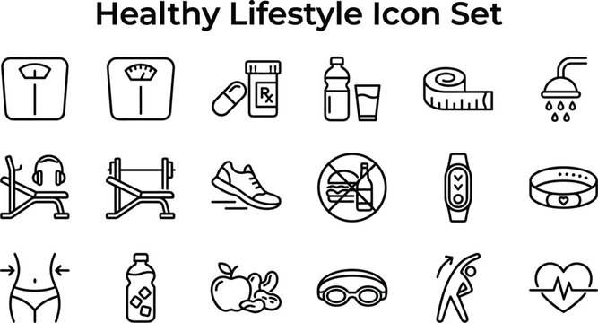 Healthy lifestyle and fitness line icon set containing wellness nutrition exercise and medical symbols on white