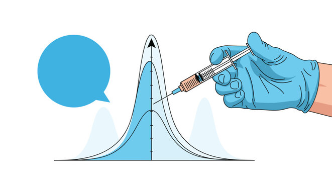 Medical professional wearing blue surgical gloves holds a syringe over a statistical bell curve graph representing vaccination data.