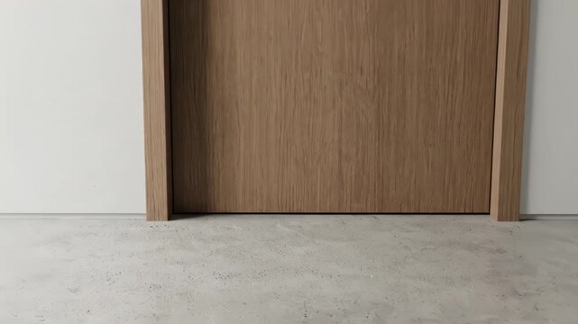 Wooden door opens to reveal modern hallway with smooth concrete floor. Bright interior with plain walls shows clean lines and simple design. Concept of interior design, real estate, home improvement