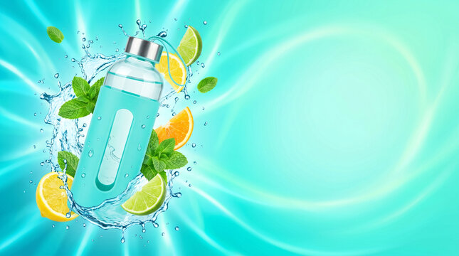 Turquoise sports water bottle exploding in water splash with lemon, lime and mint leaves. Healthy detox hydration copy space banner illustration.