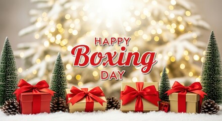Happy boxing day festive greeting with gifts and christmas trees