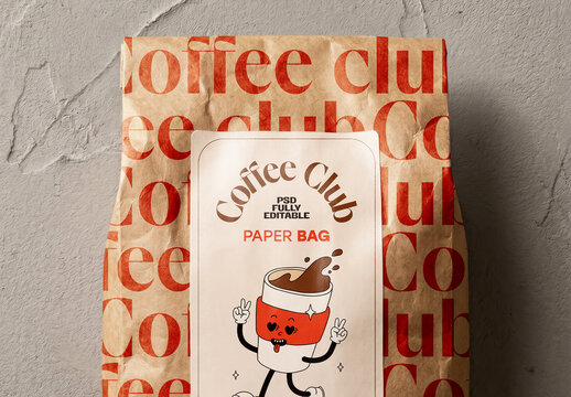 Kraft Paper Coffee Bag with Label Mockup on Textured Wall