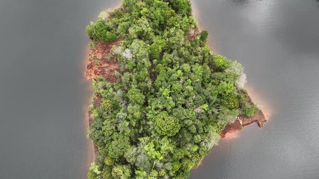  drone orbit around flooded rainforest island at Petit Saut Lake, French Guiana.