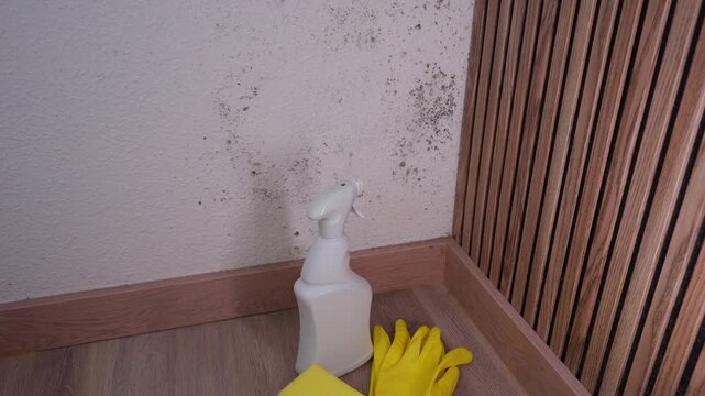 Protective gloves, spray detergent,sponge arranged on floor before clean mold from an interior wall. Concept of cleaning preparation, home maintenance, mold remediation, safety, and moisture control