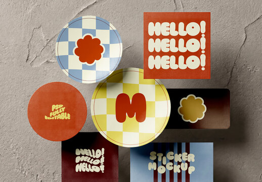 Mixed Sticker Shape Set Flat Lay Mockup on Gray Surface
