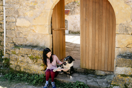 Young woman  petting Sheep dog entryway of farm France