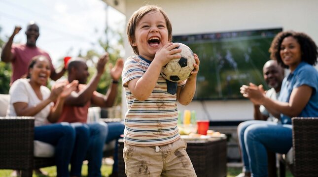 Toddler holds soccer ball with excited laugh at backyard barbecue party watching football game for summer sports lifestyle marketing content