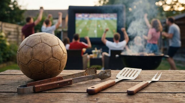 Soccer ball and grilling tools arranged on table at backyard football watching party for sports barbecue celebration marketing materials