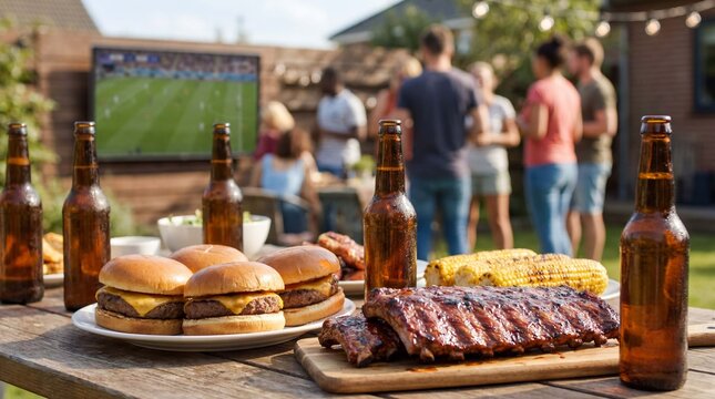 Beer bottles and grilled food on table with football game on TV at backyard barbecue party for sports entertainment lifestyle content