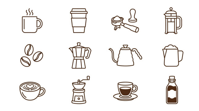 A collection of coffee icons including cups, beans, and brewers on a table