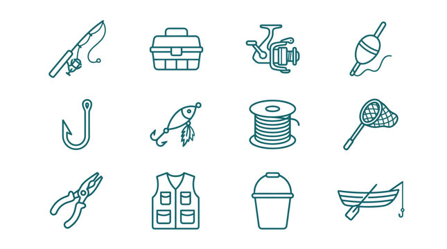 Fishing gear and tackle vector icons including fish hook, bait, fishing rod and net on white background for outdoor activities