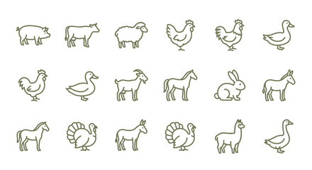 Fototapeta premium Farm animals icons set including cow, sheep, chicken, horse, and goat on white