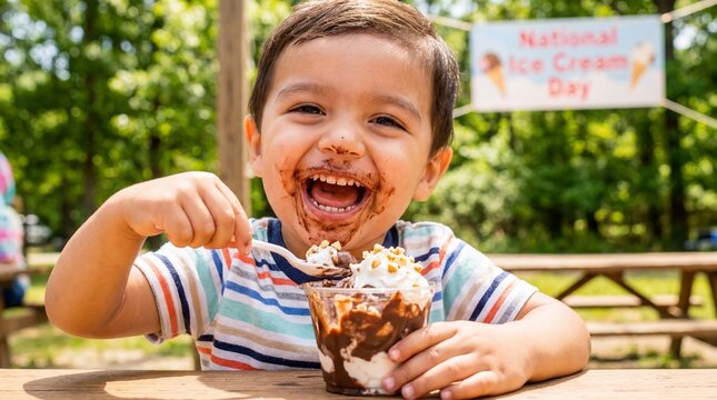 A Hispanic toddler enjoys a chocolate fudge sundae at an outdoor picnic celebrating National Ice Cream Day for summer gathering and childhood delight content