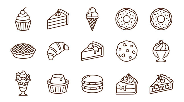 A variety of sweet desserts including cupcakes, cakes, and pastries are displayed.