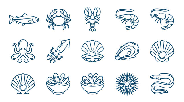 Seafood icons including fish, crab, lobster, shrimp, and various shellfish are illustrated.