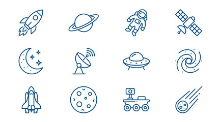 Space icons depicting various celestial objects and spacecraft in orbit around planets © arjunaa.art