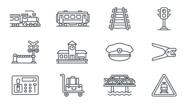 Transport icons depict various railroad and train elements in vector format.