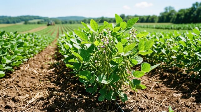 Close-up view of healthy young soybean plants with small purple flowers thriving in a meticulously cultivated field.