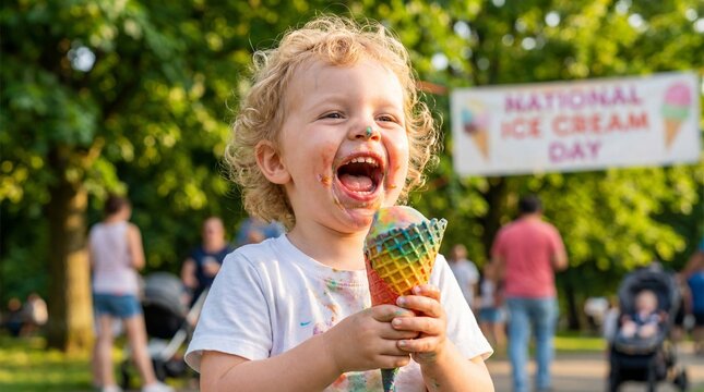A toddler celebrates National Ice Cream Day with pure joy eating a rainbow cone at the park for summer holiday marketing and family lifestyle content