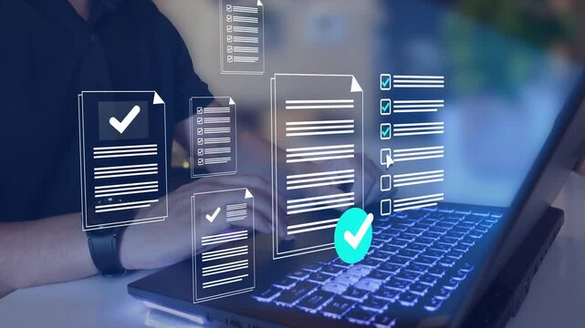 Businessman  doing online data documentation checklist survey. Fast checklist, clipboard task business management. Productivity checklist and filling survey form online.