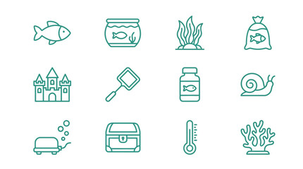 Fototapeta premium Vector graphics of various icons including a fish, jar, plant, bag, castle, brush, bottle, snail, car, treasure, thermometer, and coral, depicting a collection of symbolic representations.