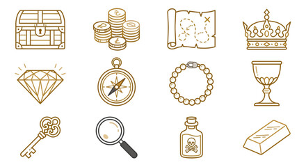 Golden illustrations of various treasures and symbols on white background © arjunaa.art