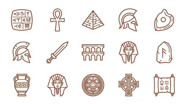 Ancient Egyptian and mythical symbols with Greek helmets and shields on white