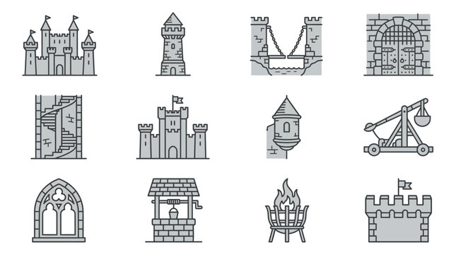 A medieval castle with towers and battlements stands amidst a village under siege by a catapult launching a burning projectile.