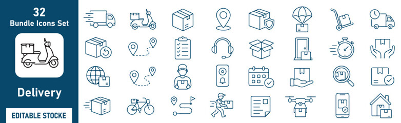 Delivery Vector Outline Icons Set – Shipping, Logistics, Courier, Package Tracking and Express Delivery Line Symbols Collection © Bely