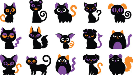 Fototapeta premium Colorful halloween vector bundle of 15 black cats with purple and orange accents
