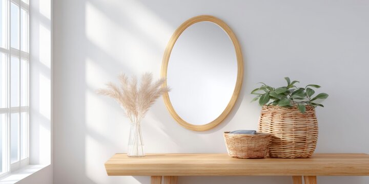 a entryway with an oval mirror above a wooden console table, surrounded by white walls and windows that let in natural light.