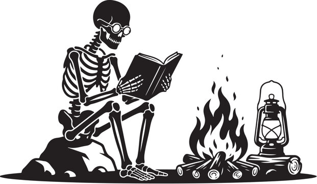 Black and white skeleton illustration, sitting by campfire, reading laptop, vector graphic