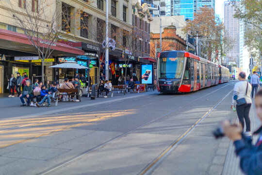2 July 2026 Tram moving through George Street in heart of Sydney CBD NSW Australia
