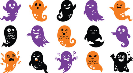Fototapeta premium Colorful halloween vector bundle 15 spooky ghost icons in purple orange and black