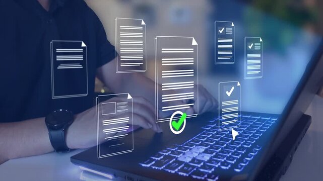 Businessman  doing online data documentation checklist survey. Fast checklist, clipboard task business management. Productivity checklist and filling survey form online.