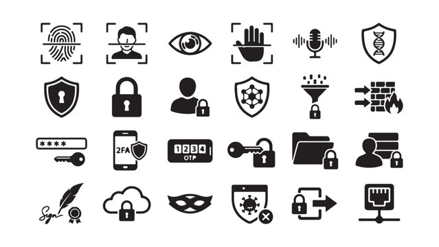 Collection of Solid Black Icons for Security, Biometric Authentication, and Digital Privacy Concepts