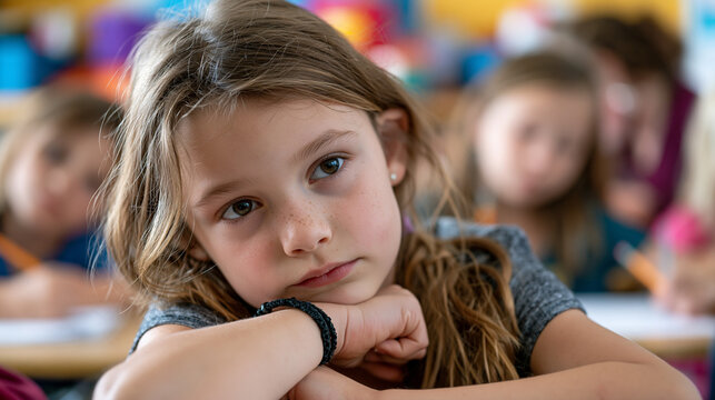Third-grade classroom midday as intellectually advanced girl finishes math worksheet in ninety seconds and stares at ceiling tiles while classmates still work, teacher unaware, capturing gifted chil
