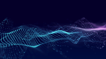 Fototapeta premium Cyan and purple dotted wave on dark blue background. Glowing particle grid forms a smooth digital landscape for technology, data signal and abstract background design.