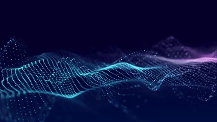 Fotobehang Golven Cyan and purple dotted wave on dark blue background. Glowing particle grid forms a smooth digital landscape for technology, data signal and abstract background design.  © Alina