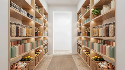 Obraz premium Bright modern pantry with wooden shelves filled with jars and ingredients