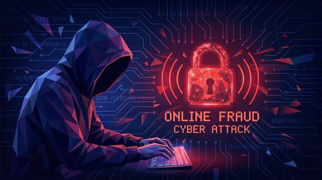 Digital security concept with a hooded hacker typing on a keyboard, illuminated by a glowing red padlock icon and "ONLINE FRAUD CYBER ATTACK" text on a circuit board background