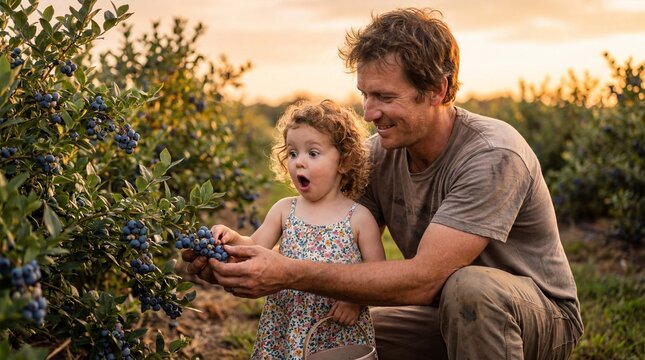 Father helps toddler daughter pick fresh blueberries at farm celebrating Parents Day for family bonding lifestyle marketing content