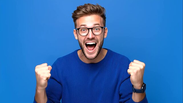 Excited happy man showing genuine joy on bright blue studio background, emotional casual lifestyle portrait wearing glasses, raised fists in celebration, positive mood, natural expression, clean studi