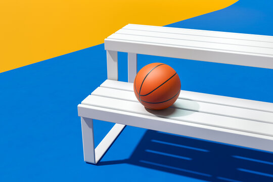 Minimal basketball concept with a ball on bench on colorful background