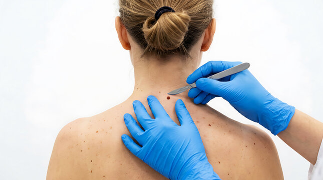 Dermatologist using laser to remove mole, close-up