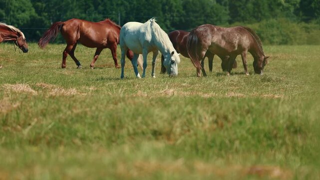 Herd of horses grazing in summer pasture. White horse lifts its head while eating green grass. Rural farm life, animal husbandry and nature reserve landscape scene.