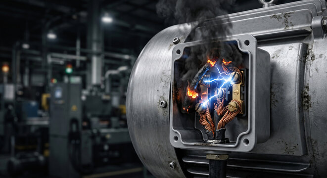 Electric motor wiring terminal box burning with sparks, smoke, and short circuit creating fire hazard.